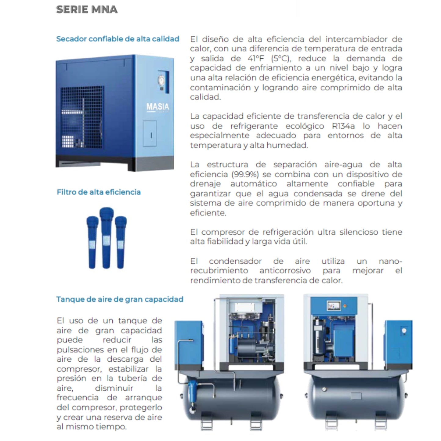 Compresor de aire de tornillo Masia VSD de 10 HP con accionamiento directo, secador integrado y tanque de aire