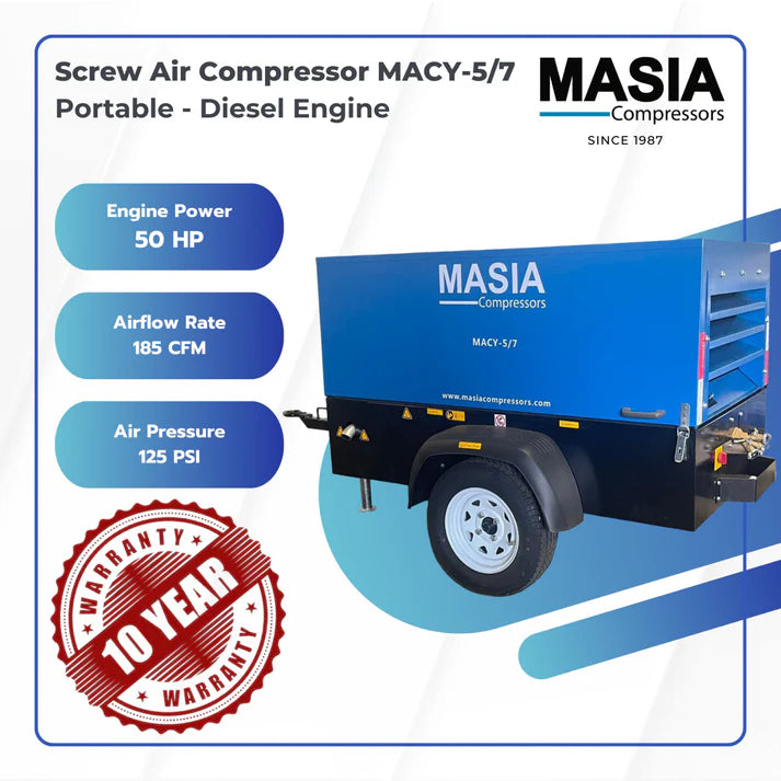 Compresor de Aire Portátil a Diesel Masia | 50 HP, 180 CFM.
