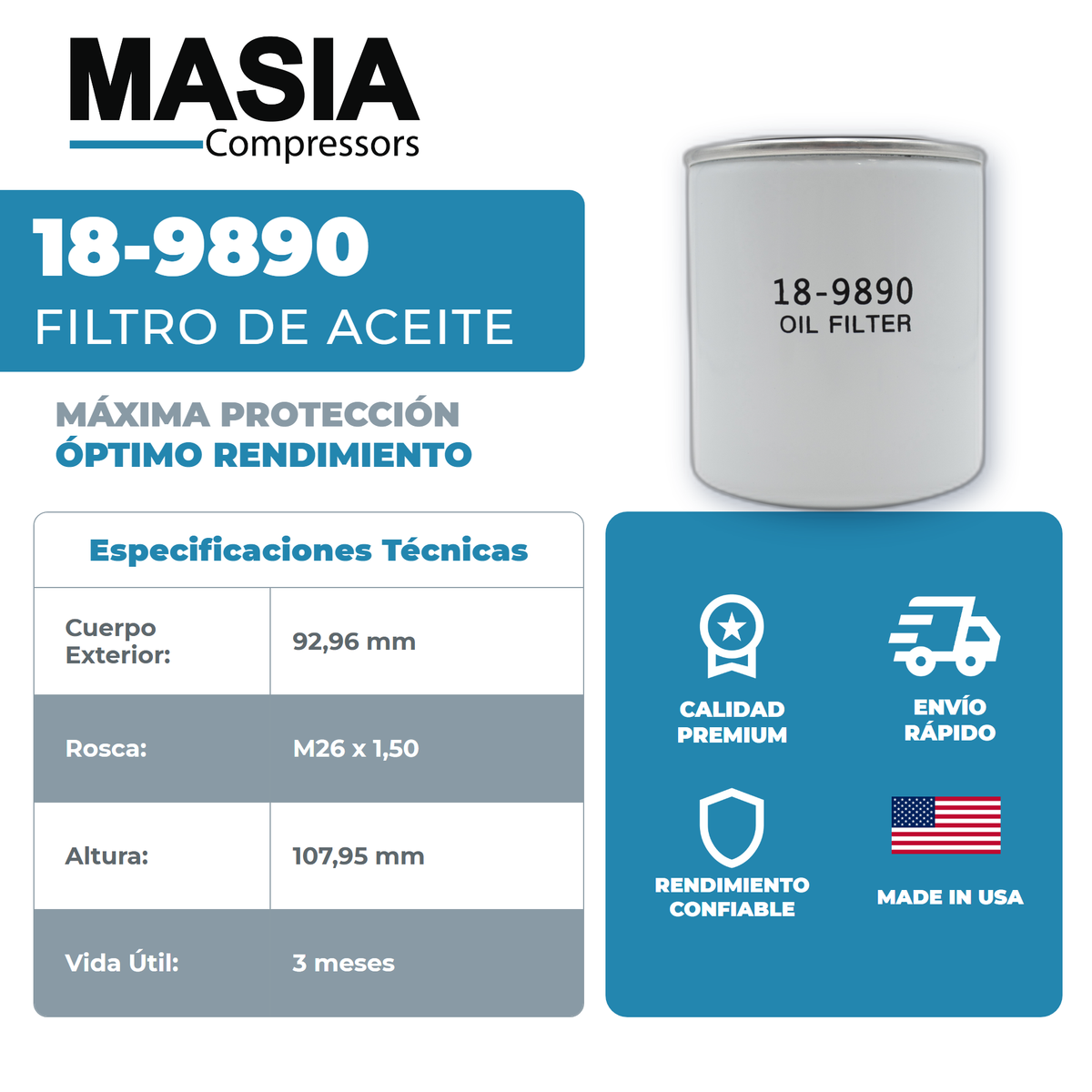18-9890 Filtro de Aceite Masia Compressors