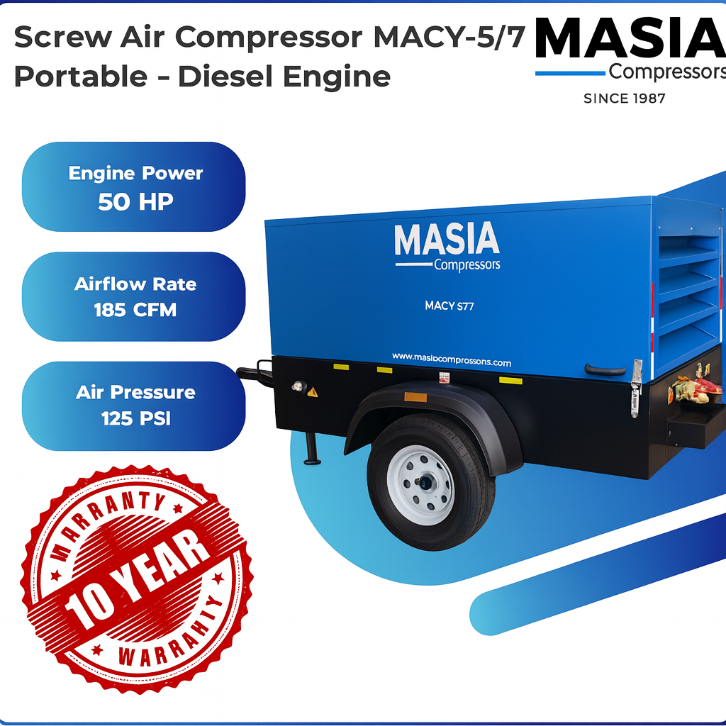 Compresor de Aire Portátil Diesel Masia | 50 HP, 180 CFM.