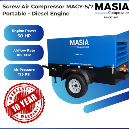 Compresor de Aire Portátil Diesel Masia | 50 HP, 180 CFM.