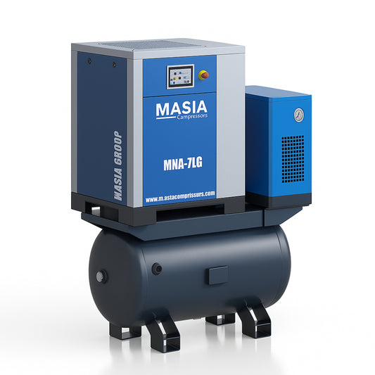 Compresor de aire de tornillo Masia VSD de 10 HP con accionamiento directo, secador integrado y tanque de aire