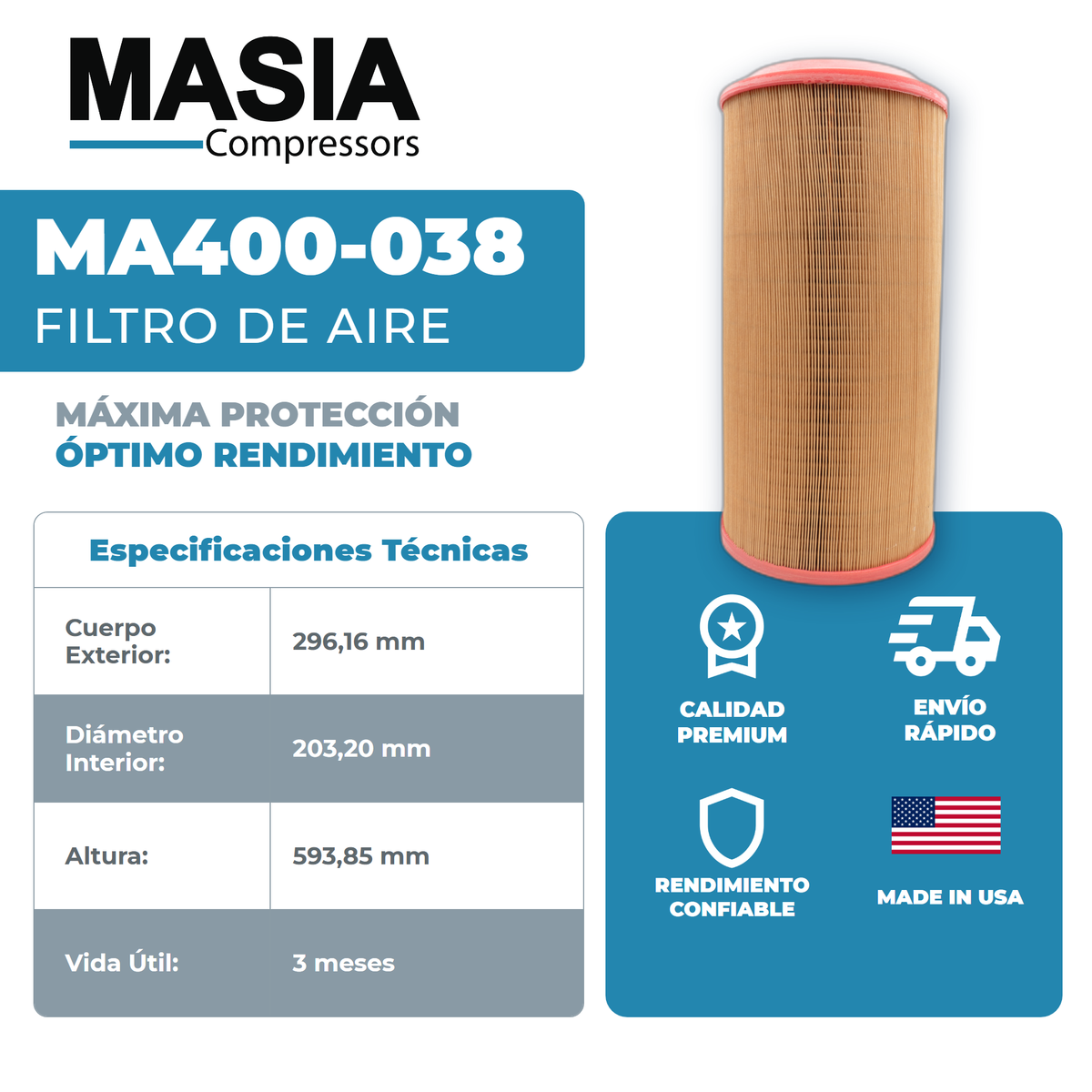 1028-7663-05 Filtro de Aire Compatible con Atlas Copco