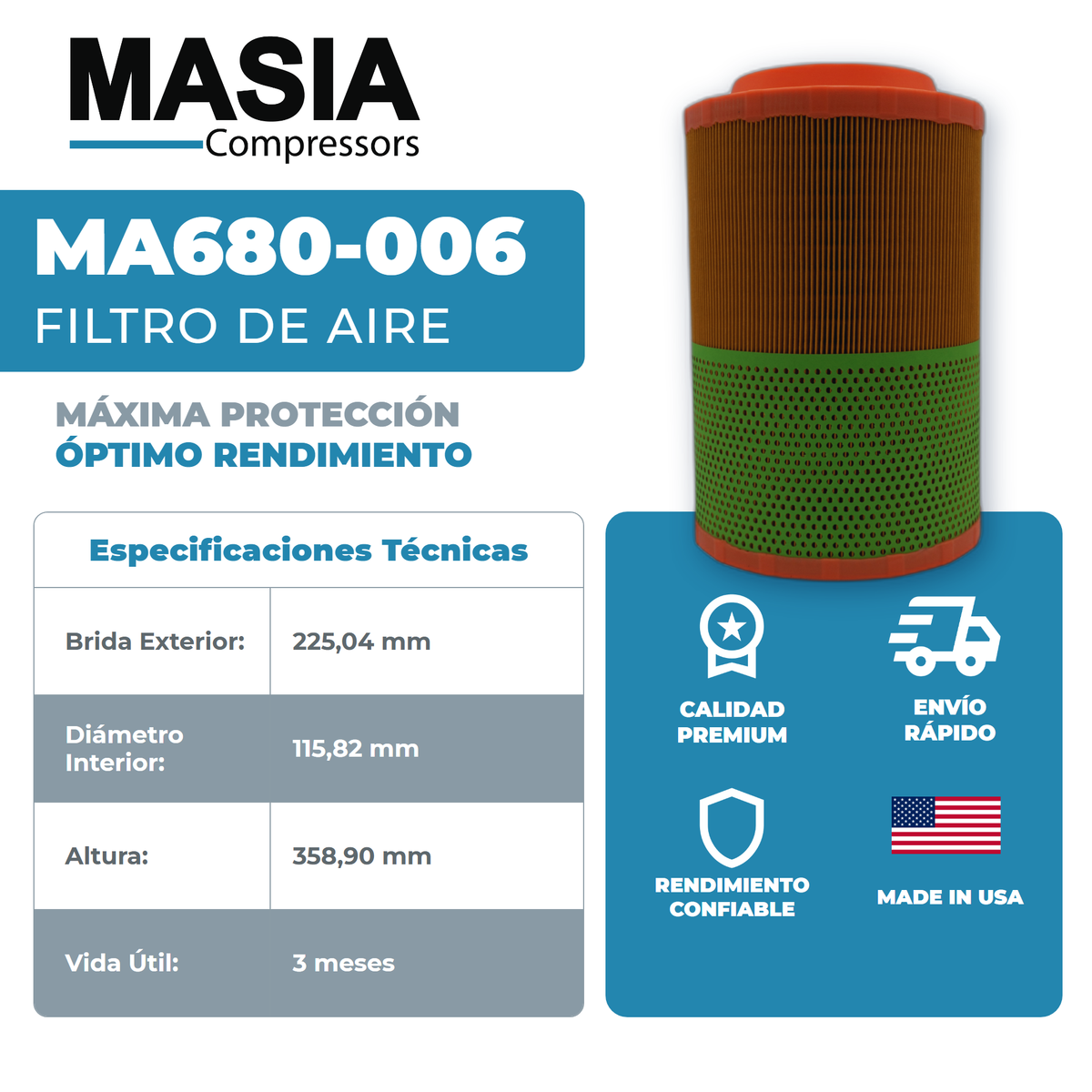 1622-1855-01 Filtro de Aire Compatible con Atlas Copco