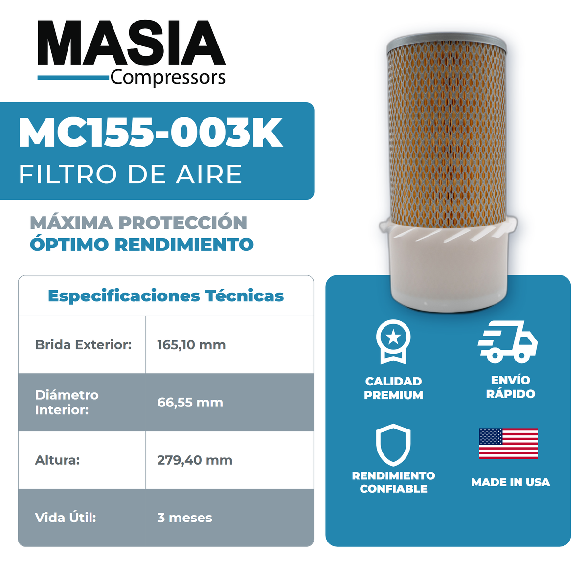 125253-050 Filtro de Aire Compatible con Quincy