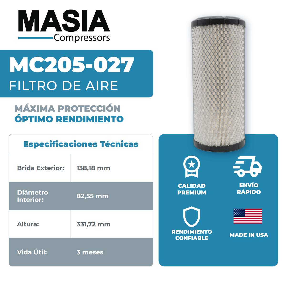 8973-0368-71 Filtro de Aire Compatible con Chicago Pneumatic