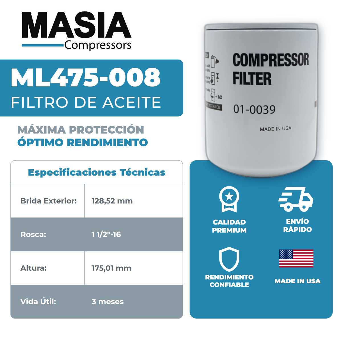 2116110 Filtro de Aceite Compatible con Gardner Denver