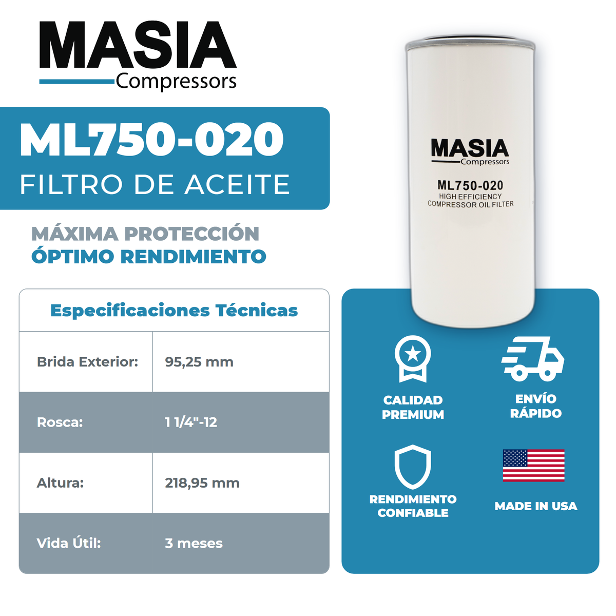 ML750-020 Filtro de Aceite Masia Compressors