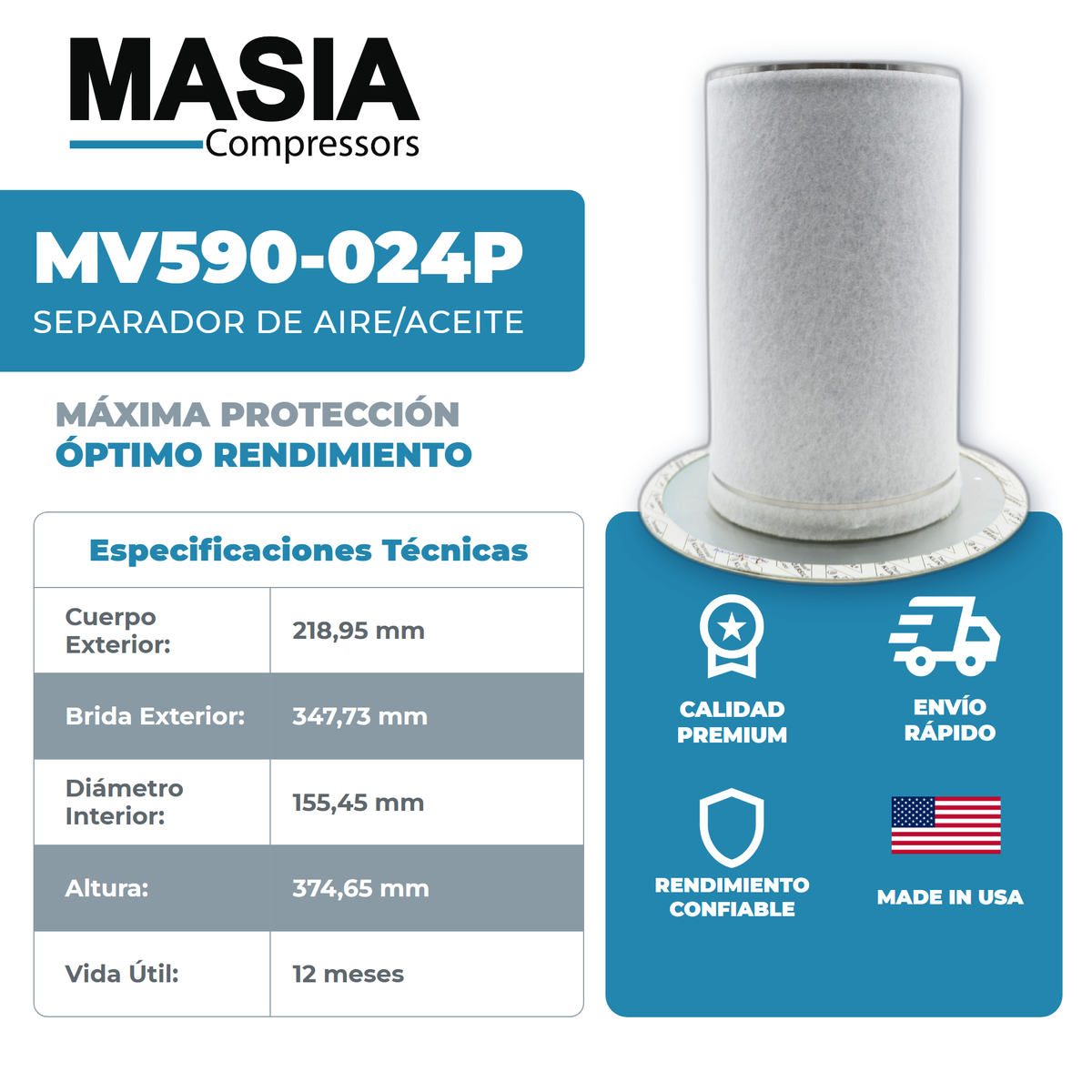 02250214-961 Filtro Separador Compatible con Sullair