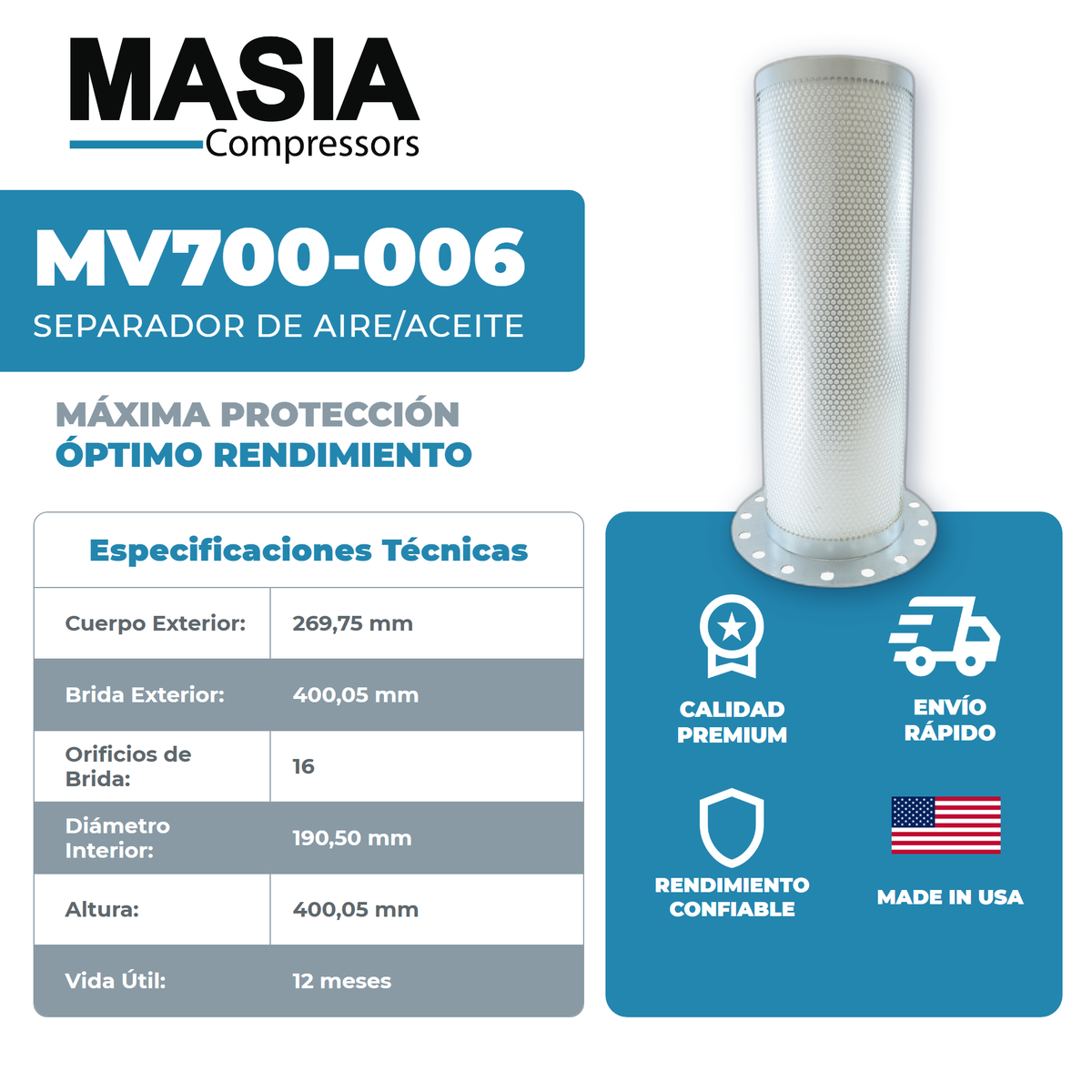 2906-0020-00 Filtro Separador Compatible con Atlas Copco