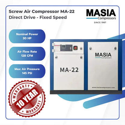 Compresor de Aire Industrial Masia de Tornillo 30 HP | 220V, Trifásico, 128 CFM, 145 PSI, 10 Bar